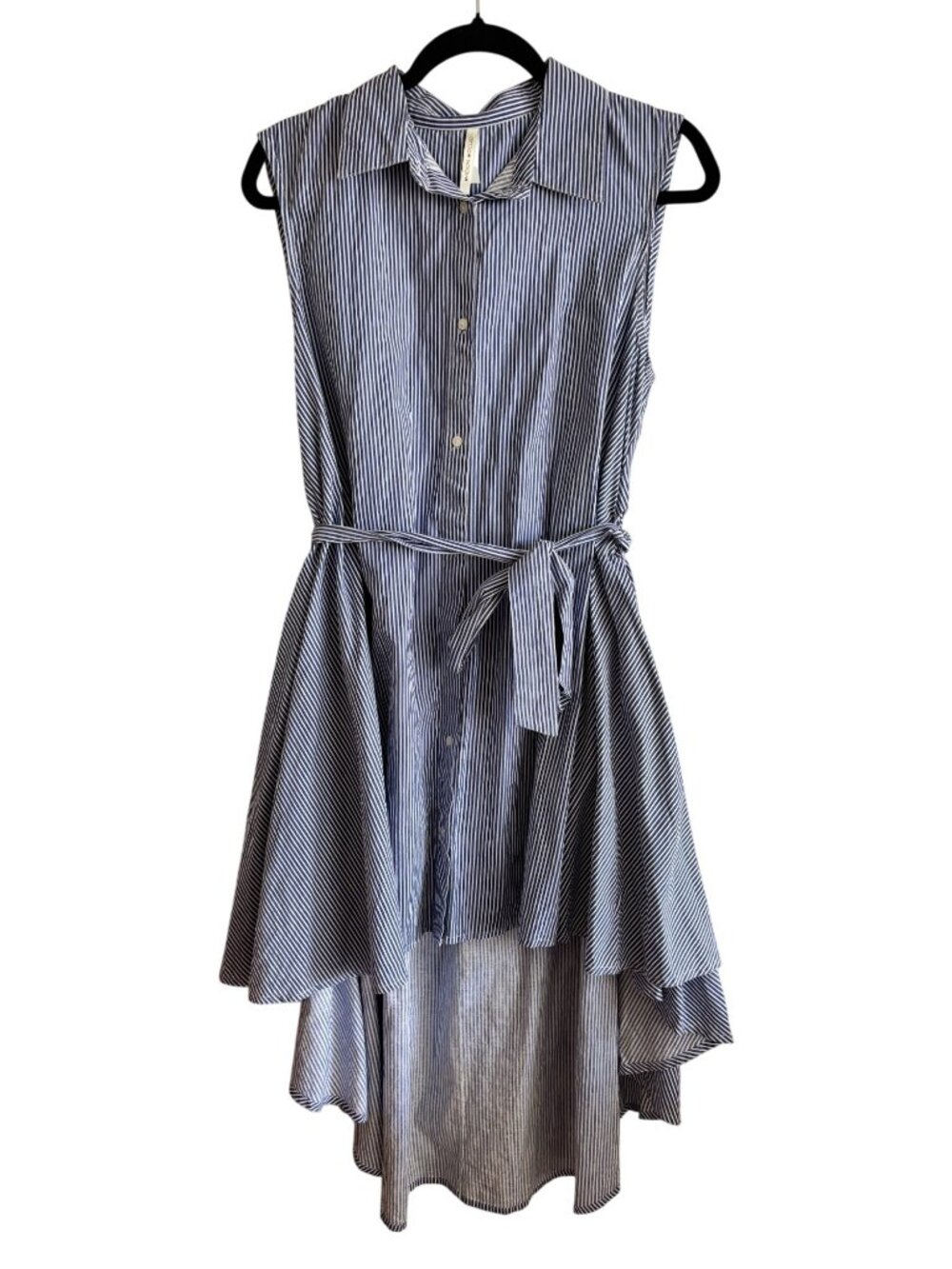 Moon Orchid  Blue White Striped High-Low Sleeveless Shirt Dress With Belt L